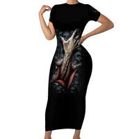 Black short-sleeve bodycon maxi dress with skeleton skull graphic, fitted silhouette