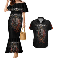 Black off-shoulder mermaid dress with flaming skull graphic; matching black short-sleeve shirt