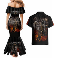 Black off-shoulder mermaid dress with skeleton motorcycle print; black Hawaiian shirt with panel art