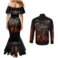 Black off-shoulder mermaid dress and long-sleeve button-up shirt with back flaming skull print