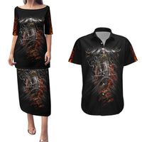 Black pulletasi dress and Hawaiian shirt with fiery skeleton rider graphics