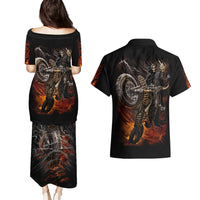 Black pulletasi dress and Hawaiian shirt with back fiery skeleton motorcycle graphic