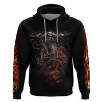 Black pullover hoodie with biker skeleton motorcycle art and flame-pattern sleeve prints