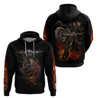 Black pullover hoodie showing front and back skeleton biker motorcycle graphics with flames