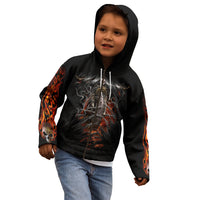 Black zip hoodie worn by child with front flame skull motorcycle artwork
