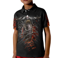 Kids black polo shirt with flaming skull motocycle rider graphic on front