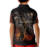 Kids black polo shirt with back print of flaming skeleton on motorcycle