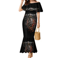 Black off-shoulder mermaid dress with flared hem and skull motorcycle graphic