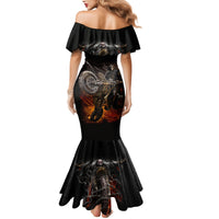 Black off-shoulder mermaid dress with skull motorcycle print and flared hem