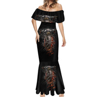 Black off-shoulder fitted maxi dress with flared mermaid hem and skull graphic