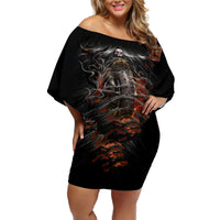Flaming Skull Off Shoulder Short Dress Death Angel Riding Motocycle - Wonder Print Shop