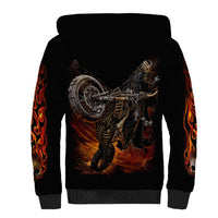 Black sherpa hoodie with rider skeleton graphic and flame sleeve stripes