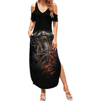 Women’s black cold-shoulder maxi dress with V-neck and flaming skull motorcycle graphic
