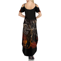Women’s black cold-shoulder maxi dress with racerback straps and flaming skull bike print