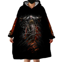 Black wearable blanket hoodie with large front skull rider print and wide hood opening