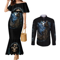 Matching black mermaid dress and long-sleeve button shirt set with skull print