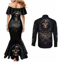 Black off-shoulder mermaid dress and long-sleeve button shirt with back skull graphic