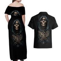 Grim Reaper Couples Matching Off Shoulder Maxi Dress and Hawaiian Shirt The Ferryman Of The Underworld with Charon Skull Black - Wonder Print Shop