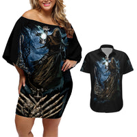 Grim Reaper Couples Matching Off Shoulder Short Dress and Hawaiian Shirt The Ferryman Of The Underworld with Charon Skull Black - Wonder Print Shop