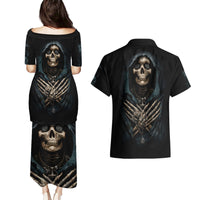 Grim Reaper Couples Matching Puletasi Dress and Hawaiian Shirt The Ferryman Of The Underworld with Charon Skull Black - Wonder Print Shop