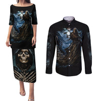 Grim Reaper Couples Matching Puletasi Dress and Long Sleeve Button Shirts The Ferryman Of The Underworld with Charon Skull Black - Wonder Print Shop