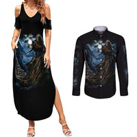 Black maxi dress with off-shoulder cut and skull angel print; matching long-sleeve button shirt