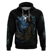 Black pullover hoodie with grim reaper skull front graphic, hood with white drawstrings