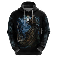 Black pullover hoodie front with blue grim reaper scene and skull, hood with white drawstrings