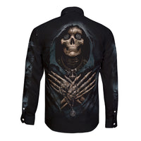 Grim Reaper Long Sleeve Button Shirt The Ferryman Of The Underworld with Charon Skull Black - Wonder Print Shop