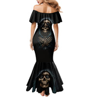 Black off-shoulder mermaid dress with skull graphic centered on back and flared hem