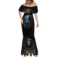 Black off-shoulder fitted mermaid dress with blue skeleton figure and skull graphic
