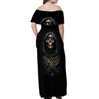 Black off-shoulder maxi dress with large skull and skeleton print, back view