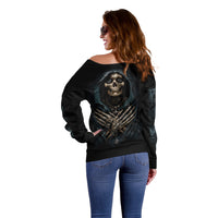 Grim Reaper Off Shoulder Sweater The Ferryman Of The Underworld with Charon Skull Black - Wonder Print Shop