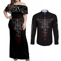 Skull Couples Matching Off Shoulder Maxi Dress and Long Sleeve Button Shirts Cross Snake Bloody Skull - Wonder Print Shop