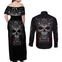 Skull Couples Matching Off Shoulder Maxi Dress and Long Sleeve Button Shirts Cross Snake Bloody Skull - Wonder Print Shop