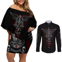 Skull Couples Matching Off Shoulder Short Dress and Long Sleeve Button Shirts Cross Snake Bloody Skull - Wonder Print Shop
