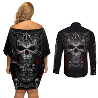 Skull Couples Matching Off Shoulder Short Dress and Long Sleeve Button Shirts Cross Snake Bloody Skull - Wonder Print Shop