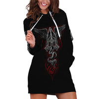 Black hoodie dress with front skull-and-snake graphic, long sleeves, hood and white drawstrings