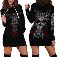 Black hoodie dress shown front and back with skull-and-snake artwork and hood drawstrings