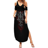 Women's black cold-shoulder maxi dress with skull cross graphic and thigh slit