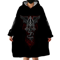 Black hooded wearable blanket hoodie, front winged skull print with long sleeves pocket