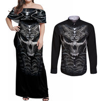 Skull Couples Matching Off Shoulder Maxi Dress and Long Sleeve Button Shirts Skeleton Inside - Wonder Print Shop