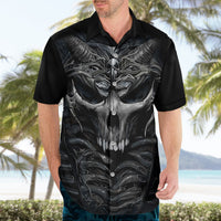 Black short-sleeve button-up shirt with skull skeleton graphic on the front