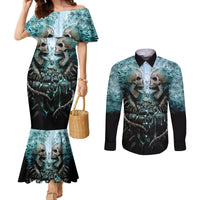Mermaid dress and long-sleeve button shirt set with teal skull print and black flare