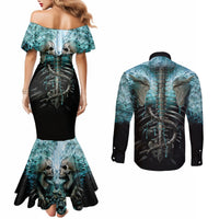 Flame Twin Skull Couples Matching Mermaid Dress and Long Sleeve Button Shirts Skeleton Inside DT01