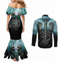 Off-shoulder mermaid dress and long-sleeve button shirt with teal spine skull back print