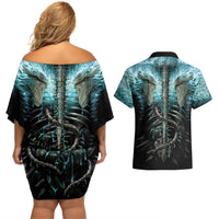 Flame Twin Skull Couples Matching Off Shoulder Short Dress and Hawaiian Shirt Skeleton Inside - Wonder Print Shop