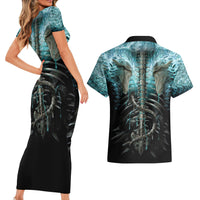 Flame Twin Skull Couples Matching Short Sleeve Bodycon Dress and Hawaiian Shirt Skeleton Inside - Wonder Print Shop
