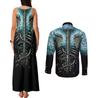 Flame Twin Skull Couples Matching Tank Maxi Dress and Long Sleeve Button Shirts Skeleton Inside - Wonder Print Shop
