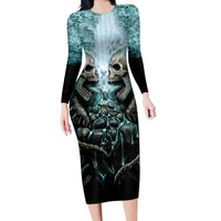 Flame Twin Skull Long Sleeve Bodycon Dress Skeleton Inside - Wonder Print Shop